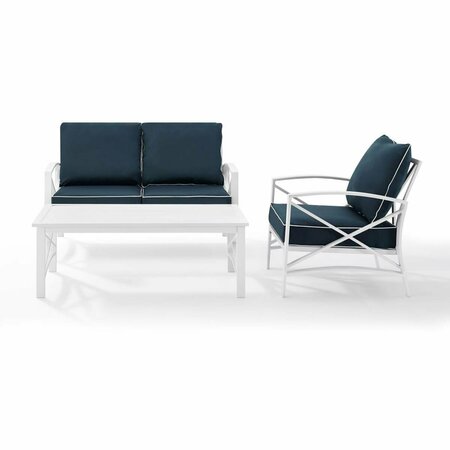 CROSLEY FURNITURE Kaplan 3-Piece Outdoor Seating Set in White with Navy Cushions KO60014WH-NV